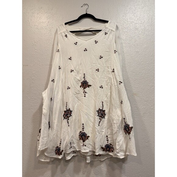 Free People Ivory Oxford Embroidered Slip On Mini Swing Bohemian Dress Medium - Picture 3 of 10